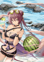 Rule 34 | 1girl, absurdres, animal ears, arknights, auguste, bare shoulders, bikini, black bikini, black choker, black shorts, breasts, choker, commentary request, cowboy shot, cup, drinking glass, eyewear on head, food, fruit, hands up, highres, holding, holding cup, lime (fruit), lime slice, lin (arknights), long hair, looking at viewer, medium breasts, mouse ears, official alternate costume, outdoors, purple eyes, purple hair, rock, short shorts, shorts, single strap, solo, standing, stomach, sunglasses, swimsuit, water, watermelon