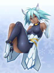 Rule 34 | 1girl, aqua hair, asymmetrical clothes, bare shoulders, celsius, celsius (tales), dark skin, dark-skinned female, elbow gloves, gloves, impossible clothes, red eyes, shoes, snowflakes, solo, tales of (series), tales of xillia, thor (deep rising), white gloves