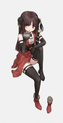Rule 34 | 1girl, black gloves, boots, brown eyes, brown hair, elbow gloves, facial mark, forehead mark, full body, gloves, grey background, hand up, highres, holding, knee up, long hair, original, parted bangs, red footwear, red skirt, red vest, shirt, simple background, single boot, sitting, skirt, sleeveless, sleeveless shirt, solo, thighhighs, unworn boot, unworn boots, v-shaped eyebrows, vest, white ph, white shirt