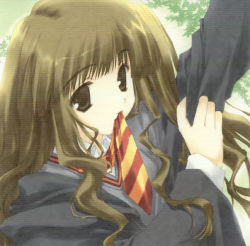 Rule 34 | 1girl, black eyes, blunt bangs, coat, dress shirt, dressing, harry potter (series), hermione granger, leaf, light brown hair, long hair, looking at viewer, mitsumi misato, mouth hold, necktie, school uniform, shirt, smile, solo, sweater, upper body, wavy hair, wizarding world