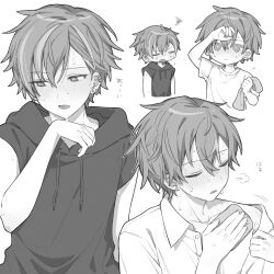 Rule 34 | 1boy, arm up, averting eyes, blush, breath, bright pupils, buttons, closed eyes, closed mouth, collarbone, collared shirt, commentary, double-parted bangs, drawstring, ear piercing, earrings, facing to the side, greyscale, hair between eyes, hand on own head, hand up, highres, holding, holding towel, hood, hood down, hoodie, hot, jewelry, kogeta negi, light frown, looking ahead, looking to the side, male focus, monochrome, multicolored hair, no sclera, open clothes, open mouth, open shirt, parted lips, piercing, project sekai, shinonome akito, shirt, short hair, sideways glance, simple background, sleeveless, sleeveless hoodie, squiggle, streaked hair, stud earrings, sweat, towel, translated, unbuttoned, variations, very sweaty, white shirt, wiping sweat