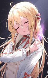 Rule 34 | 1girl, absurdres, ahoge, blonde hair, closed eyes, commentary, fortissimo, hair between eyes, hair ornament, hand up, highres, hololive, hololive dev is, long hair, long sleeves, maeru, musical note, musical note hair ornament, neck ribbon, open mouth, otonose kanade, red ribbon, ribbon, shirt, solo, upper body, v, virtual youtuber, white shirt