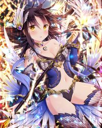 Rule 34 | 1girl, black hair, blush, breasts, cleavage, falkyrie no monshou, holding, holding staff, large breasts, long hair, looking at viewer, natsumekinoko, navel, official art, parted lips, solo, staff, thighhighs, wings, yellow eyes