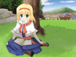 Rule 34 | 1girl, alice margatroid, ascot, blonde hair, blue eyes, blush, book, capelet, cross-laced footwear, hairband, open book, short hair, sitting, smile, snowdust (pixiv), solo, touhou, tree