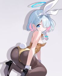 Rule 34 | 1girl, alternate costume, arona (blue archive), ass, black footwear, black pantyhose, blue archive, blue eyes, blue hair, braid, breasts, colored inner hair, commentary request, fake tail, gold leotard, grey background, hairband, halo, hatsuno xxx, high heels, highres, leotard, multicolored hair, pantyhose, pink hair, playboy bunny, rabbit tail, short hair, side braid, sideboob, simple background, small breasts, solo, tail, thighband pantyhose, thighs, two-tone hair, white hairband, wrist cuffs