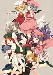 Rule 34 | 6+girls, apron, arm up, ascot, bad id, bad pixiv id, bat wings, beret, blonde hair, blue eyes, blue hair, blush, bow, braid, brooch, capelet, cirno, coat, crescent, dress, embodiment of scarlet devil, everyone, flandre scarlet, grey hair, hair bow, hair ribbon, hat, hat ribbon, hong meiling, izayoi sakuya, jewelry, long hair, maid, maid apron, maid headdress, maki (natoriumu), mary janes, multiple girls, one eye closed, open mouth, pantyhose, patchouli knowledge, purple eyes, purple hair, red eyes, red hair, remilia scarlet, ribbon, rumia, shirt, shoes, short hair, siblings, side ponytail, simple background, sisters, skirt, smile, socks, star (symbol), striped clothes, striped dress, touhou, twin braids, v, very long hair, waving, white legwear, wings, wink