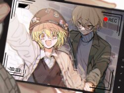 Rule 34 | 1boy, 1girl, blonde hair, brown headwear, cabbie hat, collared shirt, don quixote (project moon), glasses, green jacket, grey sweater, hat, jacket, limbus company, long sleeves, open mouth, parted lips, project moon, sapphire (nine), shirt, sinclair (project moon), smile, sticker, sweat, sweater, turtleneck, turtleneck sweater, viewfinder, white jacket, white shirt, wing collar, yellow eyes