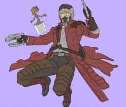 Rule 34 | 1boy, bad id, bad pixiv id, groot, guardians of the galaxy, gun, jacket, long coat, marvel, marvel cinematic universe, mask, peter quill, plant, potted plant, red jacket, simple background, weapon, yukko93
