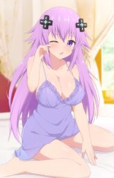 Rule 34 | adult neptune, aged up, bad id, bad twitter id, bare shoulders, breasts, cleavage, hair ornament, hairclip, large breasts, long hair, neptune (neptunia), neptune (series), nightgown, nya roon, open mouth, purple eyes, purple hair, see-through, sleepy, solo, thighs