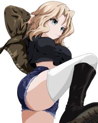 1girl absurdres arms_behind_head black_boots black_undershirt blonde_hair blue_eyes blue_shorts brown_jacket death_moa denim denim_shorts from_below frown girls_und_panzer highres jacket kay_(girls_und_panzer) leg_up long_hair open_clothes open_jacket saunders_military_uniform short_shorts shorts standing standing_on_one_leg thighhighs thighs white_thighhighs