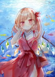 Rule 34 | 1girl, air bubble, animal, bag, blonde hair, blush, bow, braid, bubble, camisole, closed mouth, commentary request, crystal, day, fish, flandre scarlet, hair bow, hand up, handbag, head tilt, highres, long hair, moko (mokochisa), one side up, outdoors, red bow, red camisole, red eyes, red skirt, see-through, see-through sleeves, shirt, short sleeves, shoulder bag, skirt, smile, solo, sunlight, touhou, underwater, water, white shirt, wings