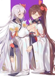 Rule 34 | 2girls, ;), asymmetrical docking, azur lane, blue eyes, blush, breast press, breasts, brown eyes, brown hair, commentary request, flower, gloves, hair flower, hair ornament, highres, japanese clothes, kimono, kneeling, large breasts, long hair, long sleeves, looking at viewer, multiple girls, nose blush, one eye closed, partially fingerless gloves, pleated skirt, ponytail, purple background, red cucumber, ribbon-trimmed legwear, ribbon trim, shoukaku (azur lane), simple background, skirt, smile, thighhighs, two-tone background, very long hair, white background, white hair, white legwear, wide sleeves, zuikaku (azur lane)
