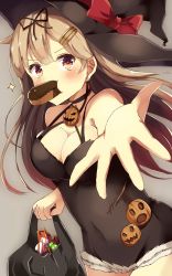Rule 34 | 10s, 1girl, bare arms, bare shoulders, black dress, blonde hair, breasts, candy, cleavage, commentary request, cowboy shot, dress, food, hair flaps, hair ornament, hair ribbon, hairclip, halloween costume, hat, highres, hinauri (nurupon), kantai collection, long hair, looking at viewer, medium breasts, out of frame, red eyes, ribbon, solo, sparkle, witch hat, yuudachi (kancolle), yuudachi kai ni (kancolle)