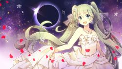 Rule 34 | 1girl, dress, eclipse, floating hair, green eyes, green hair, hatsune miku, jewelry, lichika, long hair, matching hair/eyes, necklace, open mouth, petals, skirt hold, solo, strapless, strapless dress, twintails, upper body, very long hair, vocaloid