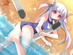 Rule 34 | 10s, 1girl, ass, bad id, bad pixiv id, barefoot, beach, between breasts, breasts, feet, highres, i-19 (kancolle), kantai collection, long hair, lying, marionette (excle), on stomach, one-piece swimsuit, partially submerged, red eyes, school swimsuit, solo, starfish, swimsuit, torpedo, twintails, water, white hair