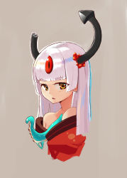 Rule 34 | 1girl, absurdres, bare shoulders, between breasts, breasts, brown eyes, grey background, highres, horns, japanese clothes, kimono, kion-kun, long hair, looking at viewer, off shoulder, original, parted lips, purple hair, simple background, small breasts, solo, tentacles, third eye, upper body