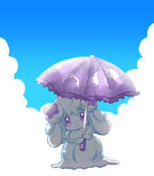 Rule 34 | 1girl, :&lt;, alcremie, alcremie (ribbon sweet), blue sky, bow, cloud, colored sclera, creatures (company), game freak, gen 8 pokemon, hair bow, holding, holding umbrella, looking at viewer, nintendo, nnmin 773, no humans, on cloud, parasol, pokemon, pokemon (creature), pokemon focus, purple bow, purple eyes, purple sclera, sky, solo, umbrella