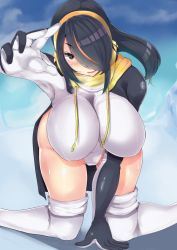 Rule 34 | 1girl, all fours, arm support, arm up, binchou, black hair, blush, breasts, breath, day, drawing, drooling, emperor penguin (kemono friends), glacier, gloves, graphite (medium), groin, hair over one eye, head tilt, headphones, heart, heart-shaped pupils, highleg, highleg leotard, highres, hood, hood down, huge breasts, ice, impossible clothes, impossible leotard, kemono friends, leotard, long hair, long sleeves, looking at viewer, multicolored hair, outdoors, parted lips, reaching, reaching towards viewer, red hair, shiny skin, smile, solo, streaked hair, sweat, symbol-shaped pupils, thighhighs, traditional media, two-tone hair