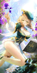 Rule 34 | 1girl, bare legs, blue gemstone, blue sky, book, braid, breasts, brown hair, cleavage, cloud, feet out of frame, flower, gem, genshin impact, gold trim, green eyes, green gemstone, green hat, grin, hair flower, hair ornament, hair over shoulder, hand up, hat, highres, jewelry, large breasts, leaf, light rays, lisa (a sobriquet under shade) (genshin impact), lisa (genshin impact), long sleeves, looking at viewer, necklace, official alternate costume, open book, parted lips, pistachiocream, puffy long sleeves, puffy sleeves, purple flower, purple gemstone, purple rose, rose, short braid, sidelocks, skirt, sky, smile, solo, thighlet, thighs, twin braids, white skirt