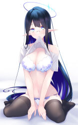 Rule 34 | 1girl, absurdres, black hair, black thighhighs, blue archive, blue eyes, blue hair, bra, breasts, clothes lift, collarbone, colored inner hair, halo, head tilt, highres, large breasts, long hair, looking at viewer, midorino eni, mouth hold, multicolored hair, nail polish, navel, no pants, panties, pointy ears, rin (blue archive), shirt lift, sitting, slit pupils, solo, stomach, straight hair, thighhighs, two-tone hair, underwear, very long hair, wariza, white bra, white panties