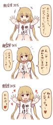 Rule 34 | 10s, 1girl, absurdres, blonde hair, blush, brown eyes, clothes writing, comic, commentary request, eyebrows, female focus, flying sweatdrops, futaba anzu, heart, highres, idolmaster, idolmaster cinderella girls, multiple views, okitsugu, open mouth, shirt, speech bubble, sweatdrop, t-shirt, translation request, white background, you work you lose