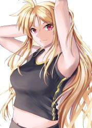 Rule 34 | 1girl, absurdres, armpits, arms up, black tank top, blonde hair, blush, closed mouth, fate testarossa, highres, long hair, looking at viewer, lyrical nanoha, mahou shoujo lyrical nanoha strikers, midriff, navel, red eyes, simple background, smile, solo, sougetsu izuki, tank top, white background