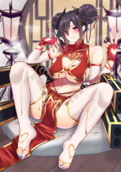 Rule 34 | 1girl, agent (girls&#039; frontline), bare shoulders, black hair, blue nails, blush, body writing, breasts, chinese commentary, chinese new year, cleavage, commentary, double bun, earrings, english commentary, fingerless gloves, full body, girls&#039; frontline, gloves, hair bun, hair ornament, highres, ink, jewelry, large breasts, looking at viewer, mixed-language commentary, nail polish, navel, parted lips, pelvic curtain, popoman, purple eyes, red gloves, sangvis ferri, sitting, smile, solo, spread legs, thighhighs, thighs, v, white thighhighs