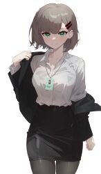 Rule 34 | 1girl, absurdres, black jacket, black skirt, blush, brown hair, closed mouth, collared shirt, commentary, formal, green eyes, hair ornament, highres, id card, jacket, lanyard, long sleeves, pantyhose, pencil skirt, removing jacket, sei (0724sei6), shirt, shirt tucked in, short hair, simple background, skirt, skirt suit, smile, solo, split mouth, suit, viichan, virtual youtuber, waktaverse, white background, white shirt