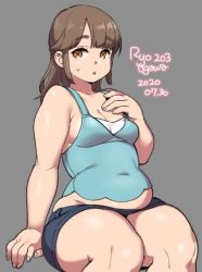 Rule 34 | 1girl, 2020, agawa ryou, artist name, bare shoulders, belly, breasts, brown eyes, brown hair, cleavage, commentary, covered navel, dated, grey background, long hair, looking at viewer, medium breasts, original, plump, short shorts, shorts, signature, simple background, sitting, solo, sweatdrop, tank top, thick thighs, thighs