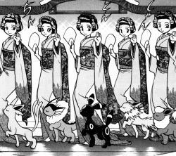 Rule 34 | 5girls, closed eyes, closed mouth, creatures (company), dancing, espeon, flareon, game freak, gen 1 pokemon, gen 2 pokemon, greyscale, hand fan, holding, holding fan, indoors, japanese clothes, jolteon, kimono, kimono girl (pokemon), long sleeves, looking at viewer, monochrome, multiple girls, nintendo, official art, pokemon, pokemon (creature), pokemon adventures, scan, shadow, smile, sound effects, standing, symmetrical pose, umbreon, vaporeon, yamamoto satoshi