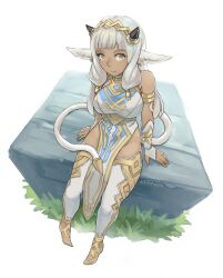 Rule 34 | 1girl, absurdres, animal ears, armlet, ash (fire emblem), bare shoulders, breasts, cow ears, cow girl, cow horns, cow tail, dark-skinned female, dark skin, fire emblem, fire emblem heroes, gold trim, groin, highres, horns, kaphrin, large breasts, long hair, low-tied sidelocks, nintendo, pelvic curtain, sitting, solo, tail, thighhighs, white hair, white thighhighs