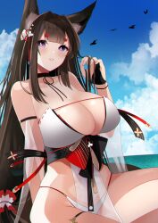 1girl absurdres adjusting_hair amagi_(azur_lane) amagi_(wending_waters_serene_lotus)_(azur_lane) animal_ear_fluff animal_ears azur_lane bikini bird black_choker blue_sky breasts brown_hair choker cleavage cloud fox_ears fox_girl hair_ornament highres hikimayu huge_breasts light_blush long_hair ocean official_alternate_costume outdoors parted_lips purple_eyes seagull skindentation sky solo swimsuit thigh_strap very_long_hair water white_bikini yamaha_tsui