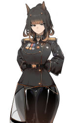Rule 34 | 1girl, absurdres, animal collar, animal ears, arms behind back, azz0422, belt, black pants, breasts, brown hair, collar, commentary, cowboy shot, dog ears, dog girl, emblem, english commentary, epaulettes, expressionless, gradient hair, hair bun, half-skirt, highres, jacket, large breasts, long sleeves, looking at viewer, medal, medium hair, military, military jacket, military uniform, multicolored hair, original, overskirt, pants, personification, see-through, see-through skirt, skirt, solo, thigh gap, uniform, white background