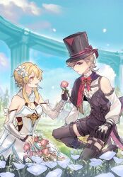 Rule 34 | 1boy, 1girl, aii0303iia, black gloves, blonde hair, bow, bowtie, couple, detached sleeves, dress, fingerless gloves, flower, full body, genshin impact, gloves, grey hair, hair flower, hair ornament, hat, hat ribbon, hetero, lumine (genshin impact), lyney (genshin impact), open mouth, outdoors, red bow, red bowtie, ribbon, short hair, top hat, white dress, yellow eyes