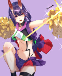 Rule 34 | 1girl, aona (anagasaki), bare shoulders, breasts, cheerleader, collarbone, crop top, crop top overhang, eyeliner, fangs, fate/grand order, fate (series), highres, holding, holding pom poms, horns, looking at viewer, makeup, midriff, miniskirt, navel, oni, open mouth, pom pom (cheerleading), pom poms, purple eyes, purple hair, purple skirt, revealing clothes, short eyebrows, short hair, short ponytail, shuten douji (fate), sidelocks, skin-covered horns, skirt, small breasts, smile, solo, sparkle, thighs
