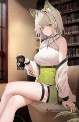 Rule 34 | 1girl, animal ears, arknights, bare shoulders, black choker, blush, bookshelf, breasts, choker, closed mouth, coffee cup, crossed legs, cup, disposable cup, green eyes, green nails, grey hair, highres, holding, indoors, kal&#039;tsit (arknights), large breasts, long sleeves, looking at viewer, medium hair, nail polish, off shoulder, ru zhai, see-through, sitting, solo, thighs