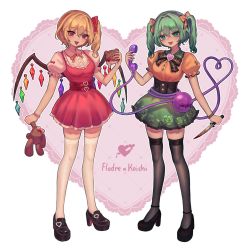 Rule 34 | 2girls, :d, alternate hairstyle, black bow, black bowtie, black footwear, black thighhighs, blonde hair, bow, bowtie, character name, crystal, flandre scarlet, floral print, full body, green eyes, green skirt, head tilt, heart, heart of string, highres, holding, holding knife, holding phone, holding stuffed toy, knife, komeiji koishi, multiple girls, one side up, open mouth, phone, pink background, qiu ju, red skirt, rose print, shirt, short hair, skirt, smile, standing, stuffed animal, stuffed toy, teddy bear, thighhighs, third eye, touhou, two side up, white thighhighs, wings, yellow shirt