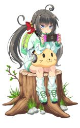 Rule 34 | 1girl, ahoge, bag, black hair, blue eyes, character request, full body, grass, hair ribbon, handheld game console, headphones, jacket, long hair, open mouth, playing games, playstation portable, ribbon, rock, shoes, sitting, solo, stuffed animal, stuffed toy, transparent background, tree stump, tsurime, venus eleven vivid!
