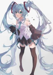 Rule 34 | 1girl, :o, absurdly long hair, absurdres, aqua eyes, aqua necktie, bare shoulders, black footwear, black skirt, black sleeves, blue hair, blush, boots, collared shirt, commentary, detached sleeves, fang, full body, grey background, hair between eyes, hair ornament, hatsune miku, highres, holding, holding own hair, kiduki, legs apart, long hair, necktie, open mouth, shirt, simple background, skin fang, skirt, sleeveless, sleeveless shirt, sleeves past wrists, solo, sparkle, symbol-only commentary, thigh boots, thighhighs, tie clip, twintails, very long hair, vocaloid, white shirt, wide sleeves, zettai ryouiki