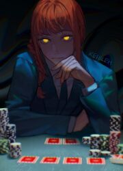 Rule 34 | 1girl, blue jacket, blue necktie, blurry, blurry foreground, card, chainsaw man, closed mouth, glowing, glowing eyes, hair over shoulder, jacket, keibleh, looking at viewer, makima (chainsaw man), necktie, playing card, poker, poker chip, pov across table, red hair, ringed eyes, shirt, signature, solo, table, white shirt