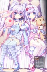 Rule 34 | 2girls, blush, bow, bow panties, breasts, choker, cleavage, crossover, curtains, flat chest, garter belt, garter straps, hairband, highres, holding hands, inia sestina, jewelry, lingerie, long hair, multiple girls, muv-luv, muv-luv alternative, muv-luv total eclipse, open mouth, panties, platform footwear, platform heels, purple eyes, purple hair, sayori (neko works), scan, shy, siblings, sidelocks, sisters, sitting, small breasts, smile, striped clothes, striped panties, stuffed animal, stuffed rabbit, stuffed toy, thighhighs, underwear, white panties, yashiro kasumi, zettai ryouiki