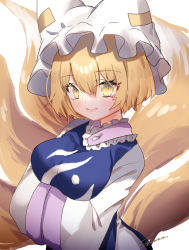 Rule 34 | 1girl, absurdres, animal ears, animal hat, bad id, bad twitter id, blonde hair, blush, breasts, closed mouth, fox ears, fox tail, hair between eyes, hands in opposite sleeves, hat, highres, large breasts, light smile, mob cap, multiple tails, one-hour drawing challenge, shiromoru (yozakura rety), short hair, simple background, solo, tabard, tail, touhou, upper body, white background, white hat, yakumo ran