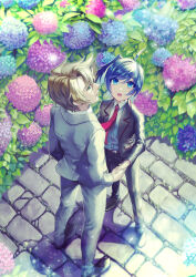 Rule 34 | 2boys, black footwear, blue eyes, blue hair, brown hair, cardfight!! vanguard, collared shirt, fangs, flower, flower request, formal, from above, full body, holding hands, husband and husband, jacket, kai toshiki, long sleeves, looking afar, male focus, multiple boys, necktie, outdoors, pants, plant, red jacket, red necktie, sendou aichi, shirt, shoes, short hair, side ponytail, suit, torikawa (tori1002), trap, white shirt, yaoi