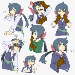 Rule 34 | 10s, 1girl, anger vein, artist name, blank eyes, blush stickers, bow, character sheet, closed mouth, constanze amalie von braunschbank-albrechtsberger, dirty, dirty clothes, dlanon, fingersmile, gloves, goggles, goggles on head, green eyes, green shirt, hair bow, hand on own chest, hand on own head, hand to own mouth, little witch academia, long hair, multiple views, open mouth, ponytail, robe, sash, shaded face, shirt, sigh, signature, smile, squiggle, thick eyebrows, upper body, vest