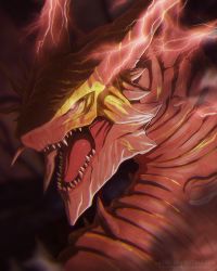 Rule 34 | dragon, elden ring, lehvoe, lichdragon fortissax, lightning, looking at viewer, no humans, open mouth, red theme, solo, spoilers, twitter username