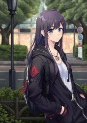 Rule 34 | 1girl, ahoge, backpack, bag, black hair, black hoodie, blue eyes, blurry, blurry background, breasts, closed mouth, collarbone, day, depth of field, drawstring, hair ornament, hairclip, hands in pockets, highres, hood, hood down, hoodie, hoodier, jewelry, lamppost, long hair, long sleeves, looking at viewer, necklace, no parking sign, original, outdoors, partially unzipped, plant, road, shirt, sidelocks, sidewalk, sign, small breasts, solo, standing, street, tree, upper body, white shirt, zipper, zipper pull tab