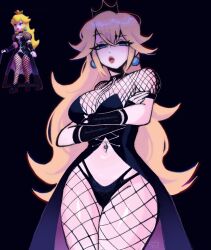Rule 34 | 1girl, artist logo, black background, black dress, blonde hair, crossed arms, dress, earrings, fingerless gloves, fishnet pantyhose, fishnets, from below, frown, gloves, highres, jewelry, long hair, looking at viewer, mario (series), megrocks, navel piercing, nintendo, pantyhose, pearl earrings, piercing, princess peach, raised eyebrow, reference inset, showgirl skirt, squinting, thick thighs, thighs, thong, wide hips