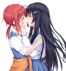 Rule 34 | 10s, 2girls, aoki reika, black hair, blue hair, blush, closed eyes, clothes around waist, commentary request, couple, hair ornament, hairclip, hand on another&#039;s face, hino akane (smile precure!), kiss, long hair, multiple girls, ponytail, precure, red hair, school uniform, short hair, simple background, skirt, sleeves rolled up, smile precure!, suzushiro yukari, sweater, sweater around waist, white background, yuri