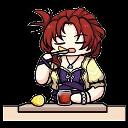 Rule 34 | &gt; &lt;, 1girl, animated, animated gif, bracelet, closed eyes, closed mouth, cutting board, diaoxian kuangmo, eating, food, fruit, holding, holding spoon, honkai (series), honkai impact 3rd, jacket, jewelry, lemon, lemon slice, lemonade, lowres, murata himeko, murata himeko (scarlet fusion), necklace, official art, open mouth, purple vest, red hair, solo, sour (taste), spoon, summer uniform, table, third-party source, transparent background, upper body, vest, wavy mouth, yellow jacket