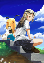 Rule 34 | 1girl, blonde hair, cat, cloud, contrail, day, goggles, goggles on head, hair ornament, hairclip, helmet, indian style, long hair, motor vehicle, original, school uniform, scooter, serafuku, sitting, sitting on stairs, skirt, sky, sody, solo, stairs, vehicle